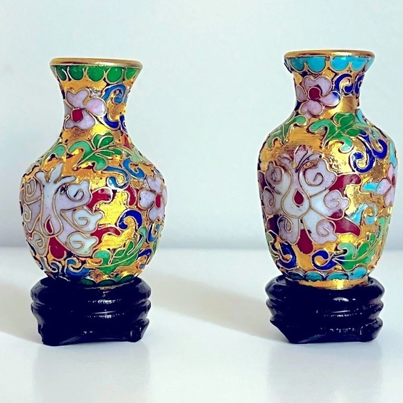 Vintage Cloisonne Style Gold Tone Floral Mini Vases Bases Excellent Condition - Picture 1 of 11